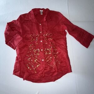 Stitch Womens Button Up Shirt Sequins Embroidered Floral Design Red 100% Linen M